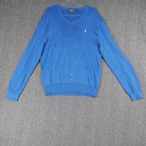 POLO RALPH LAUREN MENS BLUE YELLOW 100% PIMA COTTON LONG SLEEVE VNECK SWEATER L
